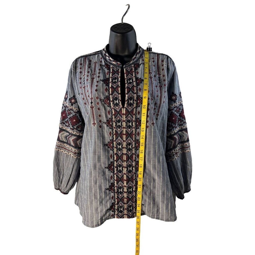 Johnny Was Womens Embroidered Boho Tunic Top Blue Red Long Sleeve Size M - Picture 6 of 10